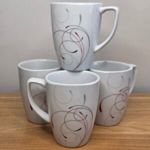 Corelle Splendor Coffee Mugs Square 4.25" 14oz Set of 4 White Red Gray Swirl
